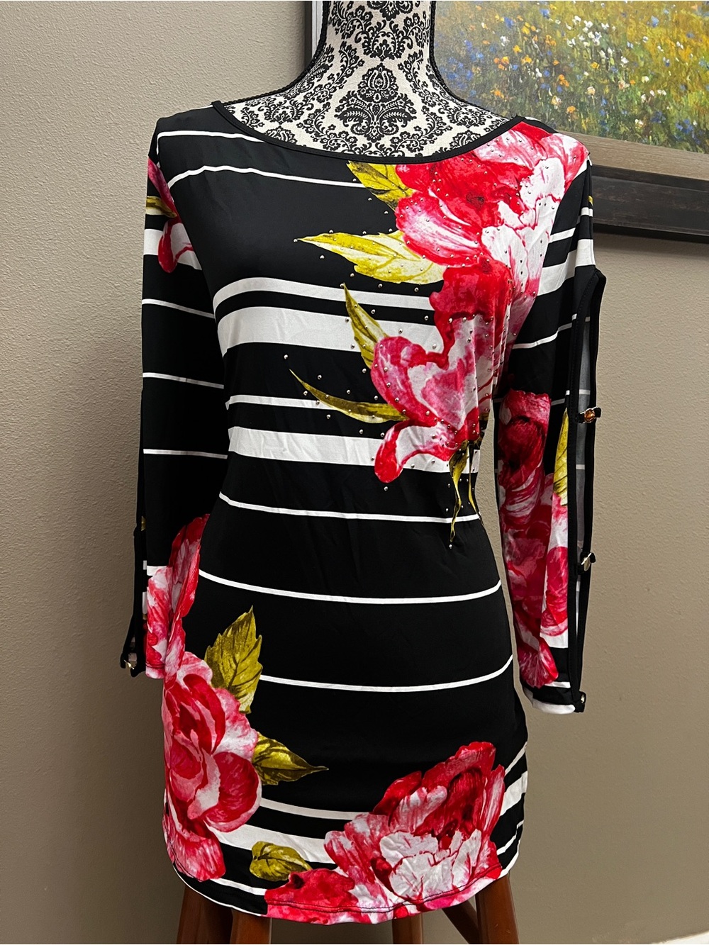 JM Collection Black & White Striped Tunic with Red Floral Accents